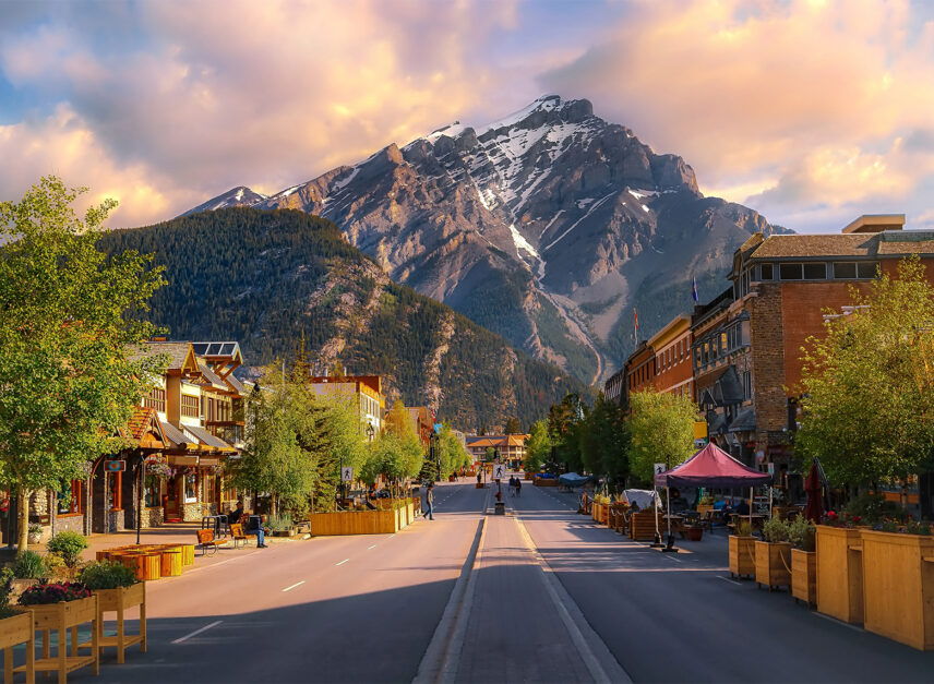Banff high street, facing the mountain as the sun sets.