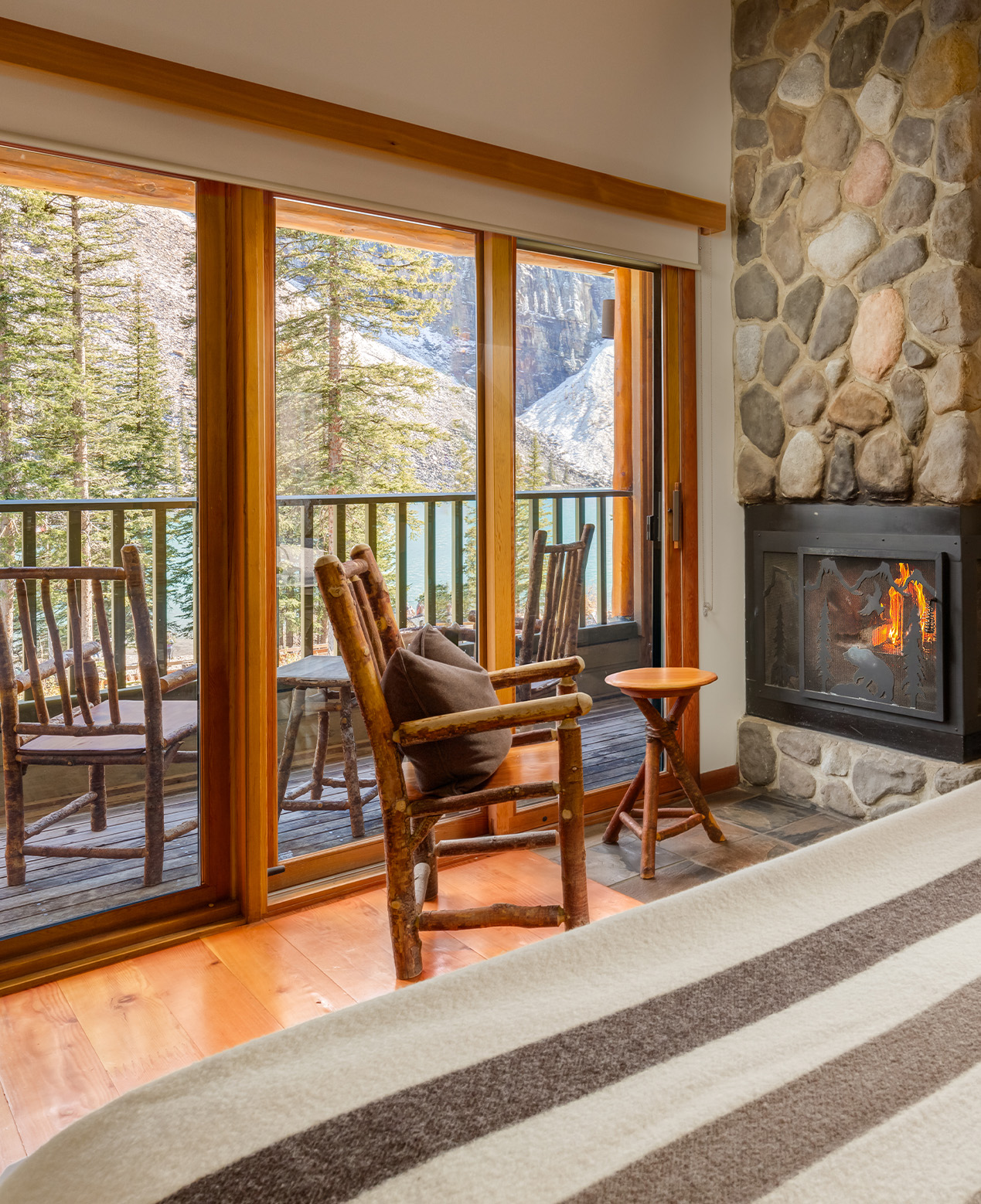 Room with fireplace and view