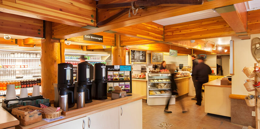 The interior of the day visits cafe at Moraine Lake Lodge, flocked with visitors looking for a bite to eat.