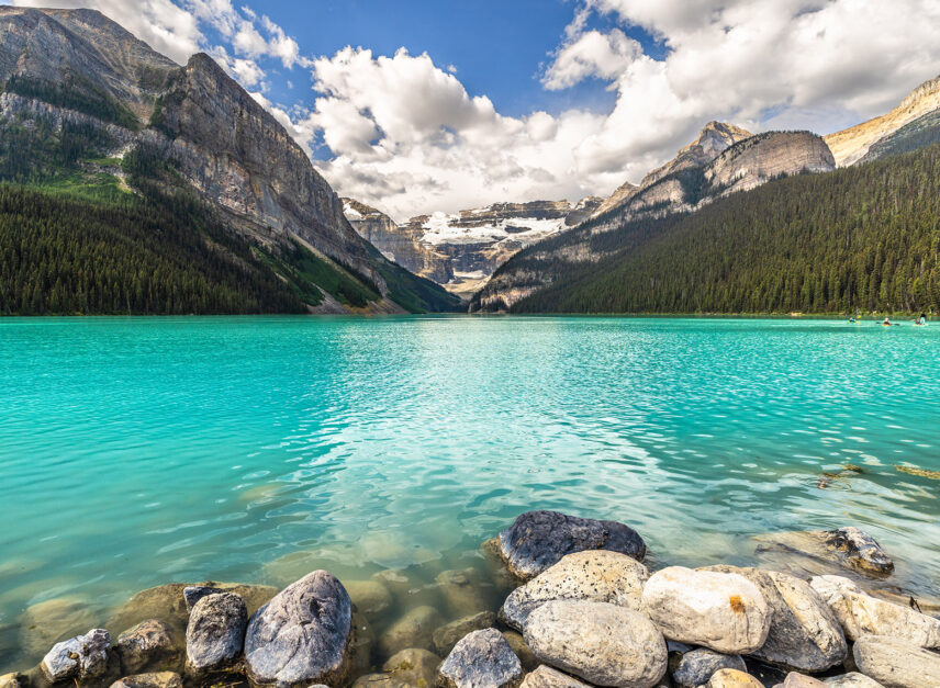 A stunning view of Lake Louise from the shore, showcasing the vibrant turquoise waters surrounded by lush trees and towering snow-capped mountains.